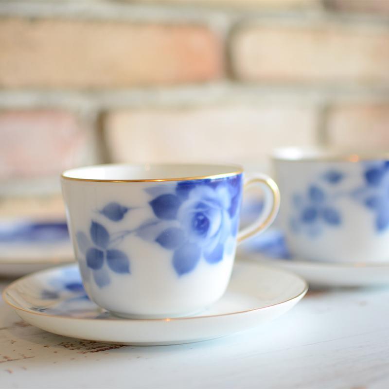 BLUE ROSE CUP & SAUCER, DESSERT PLATE SET (2 PIECES EACH), Porcelain