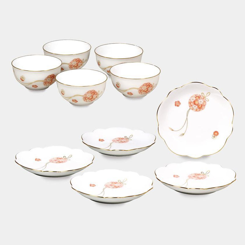 FLOWER BALL JAPANESE TEA CUP, FLOWER SHAPED SMALL PLATE (5 PIECES EACH), Porcelain