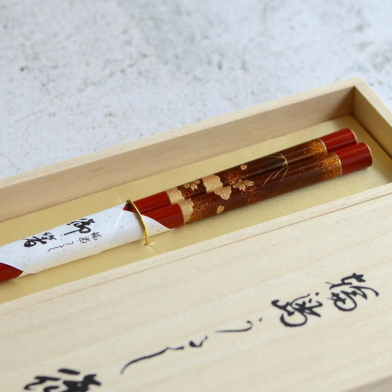 HAND-DRAWN GOLD OR SILVER LACQUR GOLD NASHIJI FUJI CHERRY BLOSSOM RED (1 SET), Chopsticks, Wajima Lacquerware