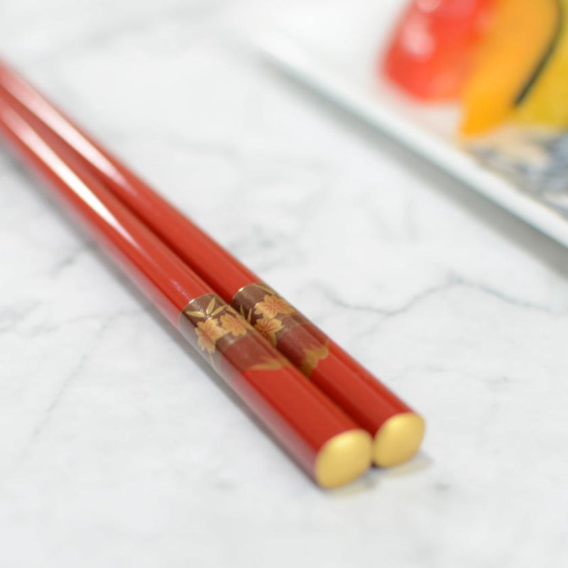 HAND-DRAWN GOLD OR SILVER LACQUR FUJI CHERRY BLOSSOM RED (1 SET), Chopsticks, Wajima Lacquerware