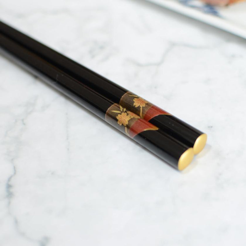 HAND-DRAWN GOLD OR SILVER LACQUR FUJI CHERRY BLOSSOM BLACK (1 SET), Chopsticks, Wajima Lacquerware