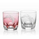 PAIR OF WHISKEY GLASSES CRANE AND FUJI, Rocks Glass, Gravure Sculpture, Kagami Crystal