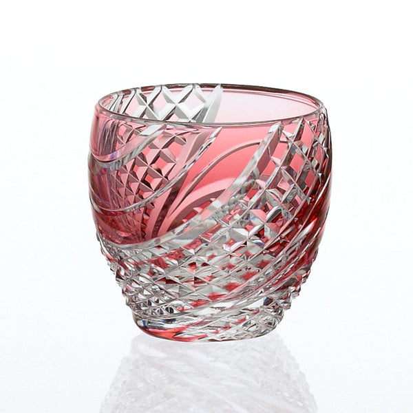 SAKE CUP FISH SCALES STRIP RED, Sake glass, Edo Kiriko, Kagami Crystal