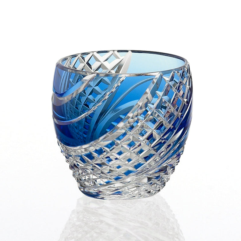 SAKE CUP FISH SCALES STRIP BLUE, Sake glass, Edo Kiriko, Kagami Crystal