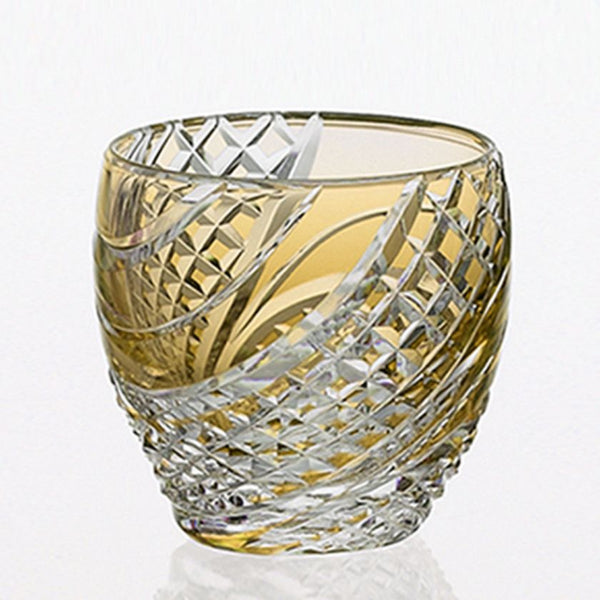 FISH SCALES STRIP YELLOW, Sake glass, Edo Kiriko, Kagami Crystal