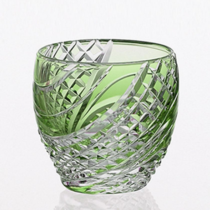 FISH SCALES STRIP GREEN, Sake glass, Edo Kiriko, Kagami Crystal
