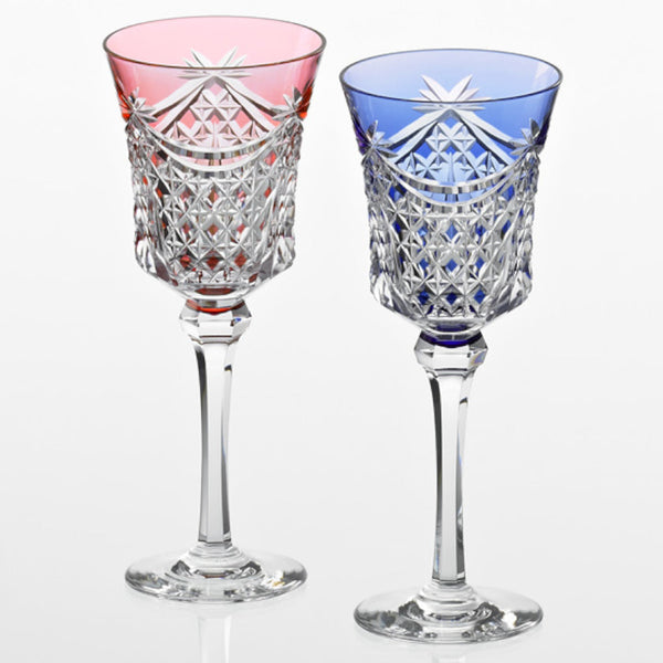 PAIR OF WINE GLASSES DRAPE & TETRAGONAL BASKET WEAVE, Edo Kiriko, Kagami Crystal