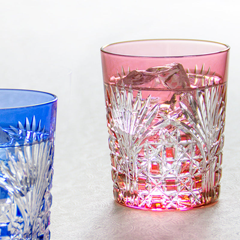 PAIR OF WHISKEY GLASSES BAMBOO LEAVES & TETRAGONAL BASKET WEAVE, Rocks Glass, Edo Kiriko, Kagami Crystal