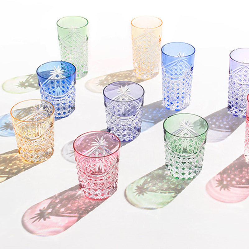 PAIR OF WHISKEY GLASSES DRAPE & TETRAGONAL BASKET WEAVE, Rocks Glass, Edo Kiriko, Kagami Crystal