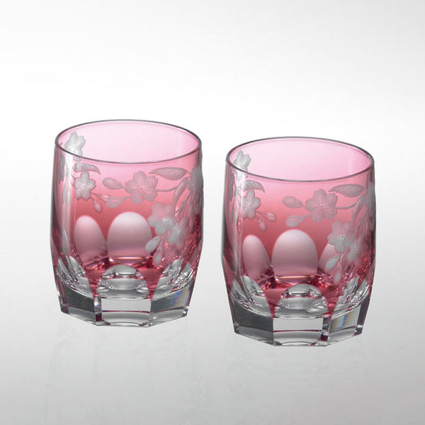 PAIR OF WHISKEY GLASSES CHERRY, Rocks Glass, Gravure Sculpture, Kagami Crystal