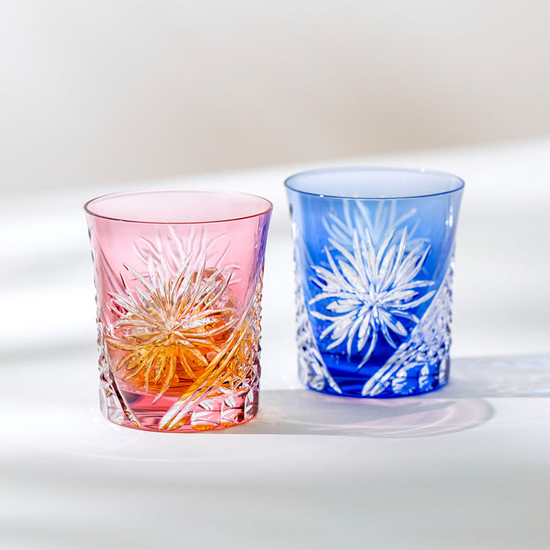 PAIR OF WHISKEY GLASSES EDO CHRYSANTHEMUM, Rocks Glass, Edo Kiriko, Kagami Crystal