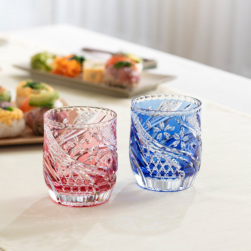 WHISKEY GLASS SAKURA NAGARE BLUE, Rocks Glass, Edo Kiriko, Kagami Crystal