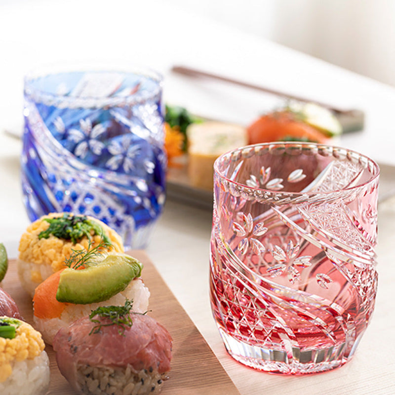 WHISKEY GLASS SAKURA NAGARE RED, Rocks Glass, Edo Kiriko, Kagami Crystal