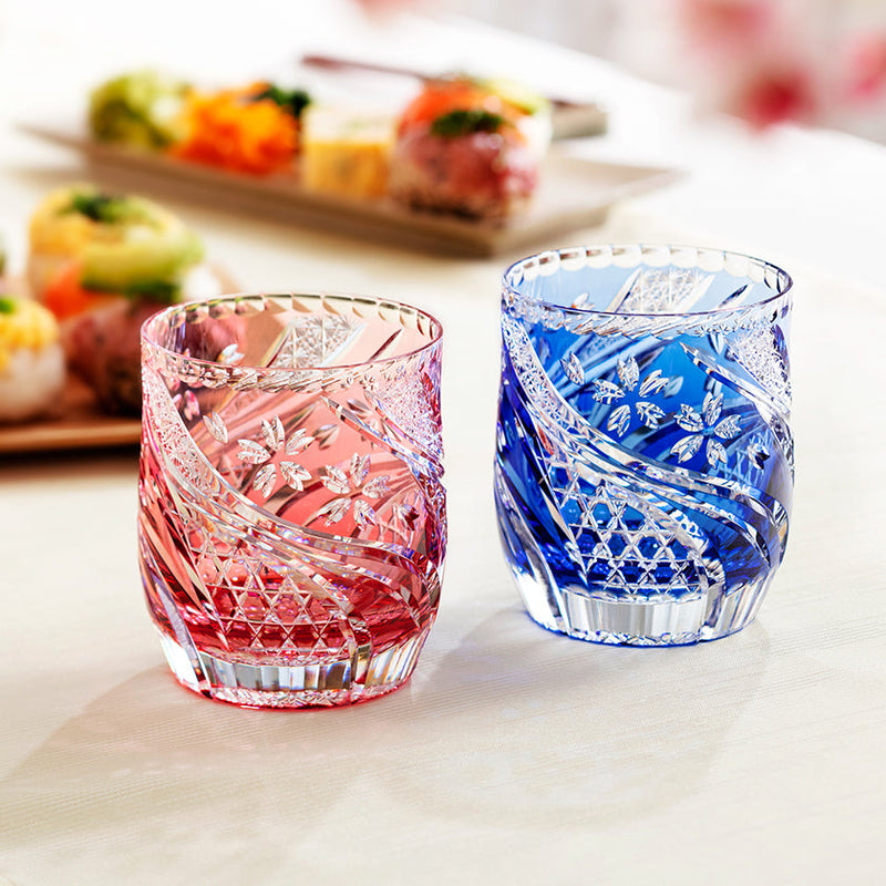 WHISKEY GLASS SAKURA NAGARE RED, Rocks Glass, Edo Kiriko, Kagami Crystal