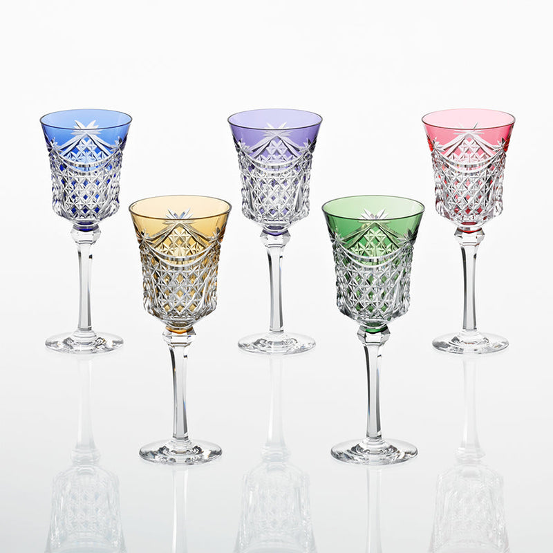 SET OF 5 WINE GLASSES DRAPE & TETRAGONAL BASKET WEAVE, Edo Kiriko, Kagami Crystal