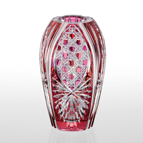 BAMBOO LEAVES & OCTAGONAL BASKET WEAVE RED, Vase, Edo Kiriko, Kagami Crystal