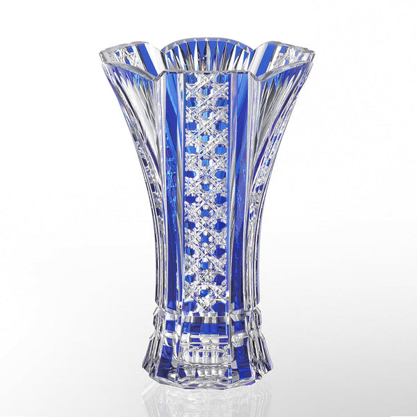 BAMBOO LEAVES & OCTAGONAL BASKET WEAVE BLUE, Vase, Edo Kiriko, Kagami Crystal