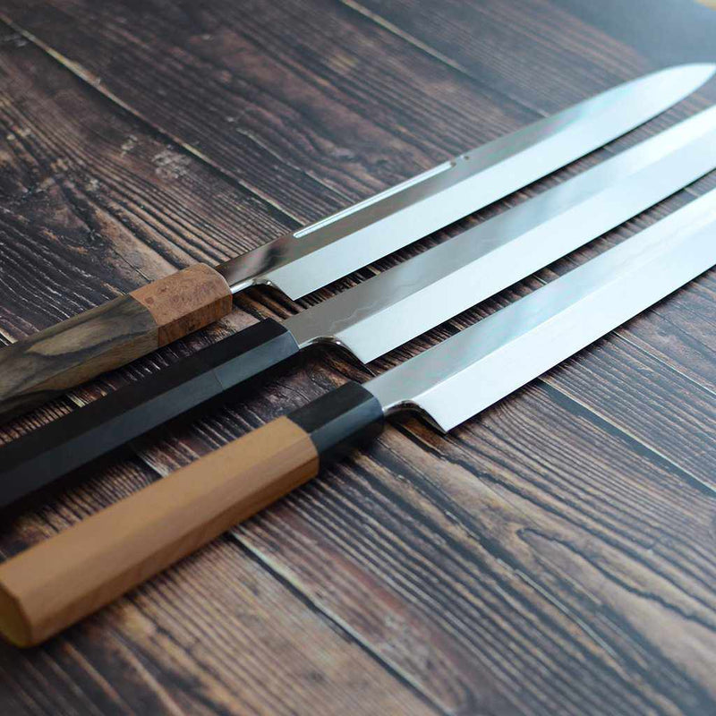 GOH UMANOSUKE YOSHIHIRO SHIRAJI STEEL WATER-GRILLED HONYAKI TIP MARU OCTOPUS KNIFE 330MM MIRROR SURFACE WAVE FLOATING, Sakai Knives