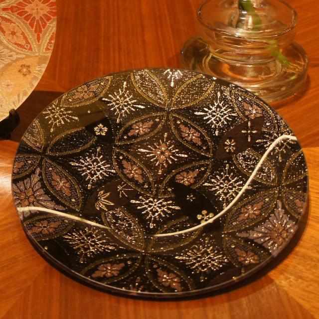 PLATE (HANA CLOISONNE) BEIGE & BLACK 2 PIECE SET, Large Plate, Platter, Nishijin Textile